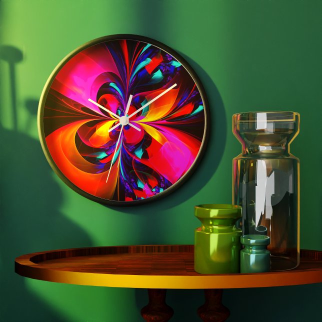 Modernes Abstraktes Blumenmuster Red Blue Muster # Große Wanduhr (Modern Floral Abstract Art Red Blue Pattern #07 Clock)