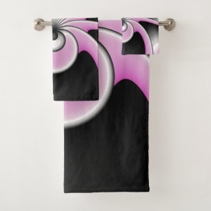 Modernes Abstraktes Fraktal Art Pink Grau Schwarz Badhandtuch Set