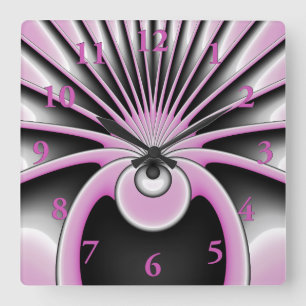Modernes Abstraktes Fraktal Art Pink Grau Schwarz  Quadratische Wanduhr