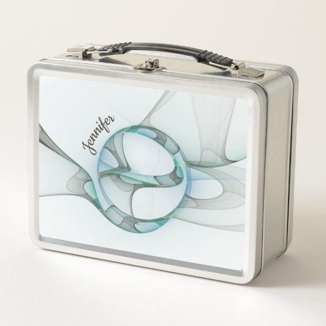 Modernes Abstraktes Fraktal Blau Türkis Grauer Nam Metall Brotdose (Vorderseite)