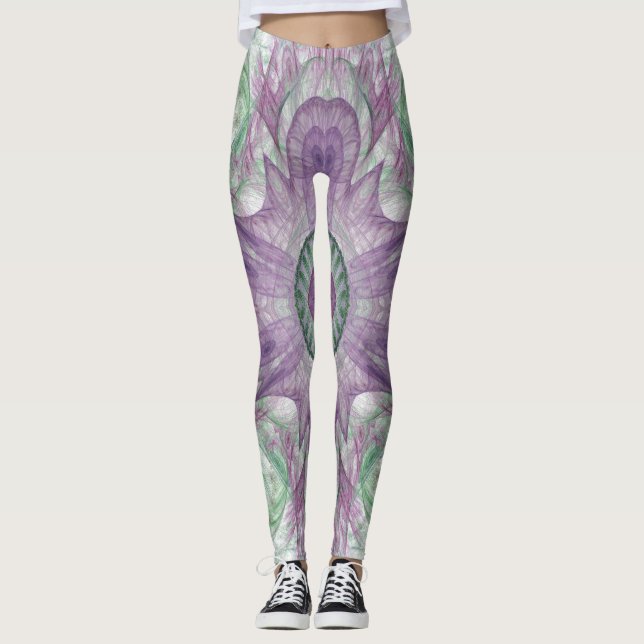 Modernes Abstraktes Fraktal Lila und grünes Design Leggings (Vorderseite)