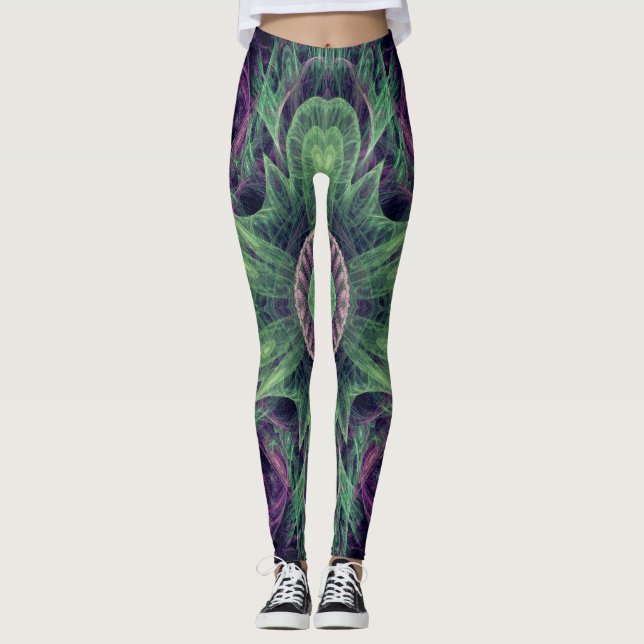 Modernes Abstraktes Fraktal Lila und grünes Design Leggings (Vorderseite)