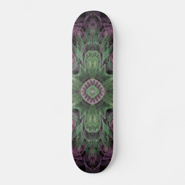 Modernes Abstraktes Fraktal Lila und grünes Design Skateboard (Vorderseite)
