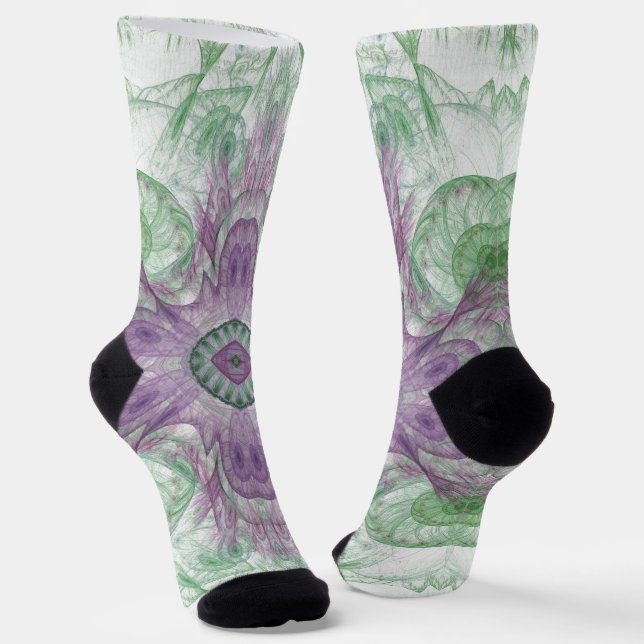 Modernes Abstraktes Fraktal Lila und grünes Design Socken (Gewinkelt)