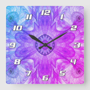 Modernes Abstraktes Fraktal Rosa Blau mit Zahlen Quadratische Wanduhr