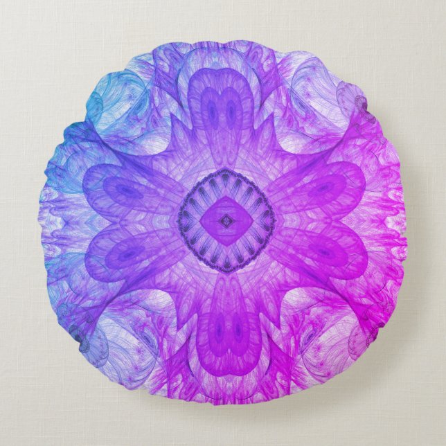 Modernes Abstraktes Fraktal Rosa und Blau Rundes Kissen (Vorderseite)