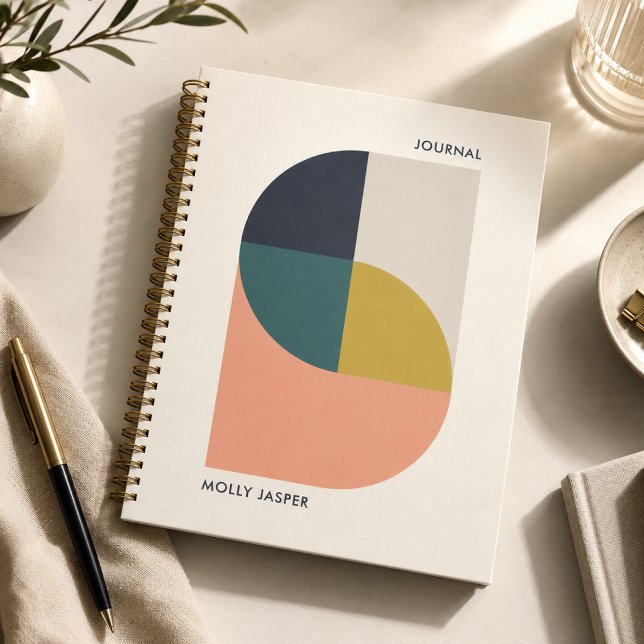 Modernes Abstraktes, geometrisches Minimaljournal Notizbuch (Personalized spiral journal notebook with abstract geometric cover and custom name detail.)