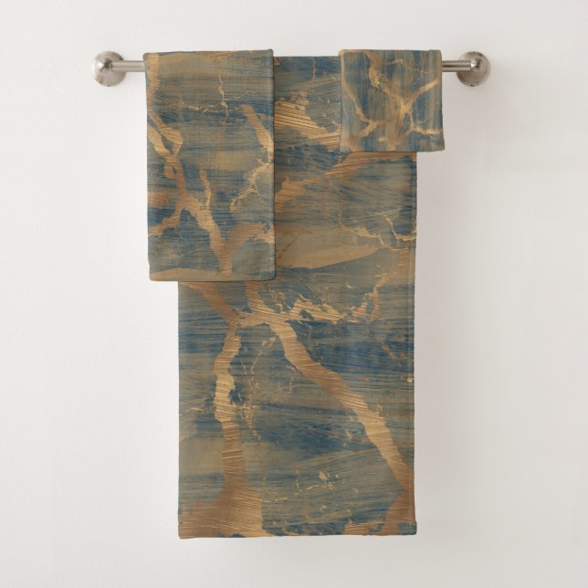 Modernes, Abstraktes Glam Marmor Navy Blue & Gold Badhandtuch Set (Insitu)