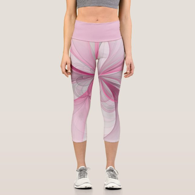 Modernes Abstraktes, hellrosa graues Fraktal Desig Capri Leggings (Vorderseite)