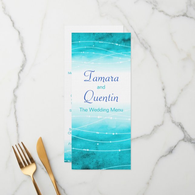 Modernes, abstraktes Hochzeitsmenü in Blau Menükarte (Vorderseite/Rückseite Beispiel)