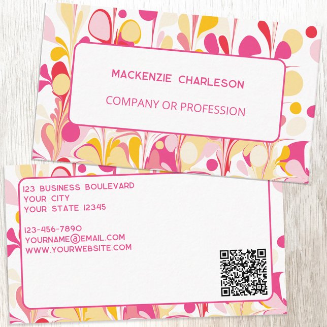 Modernes, Abstraktes Marmormuster QR-Code Visitenkarte (Modern bright marbled ink drops custom business card with QR code)