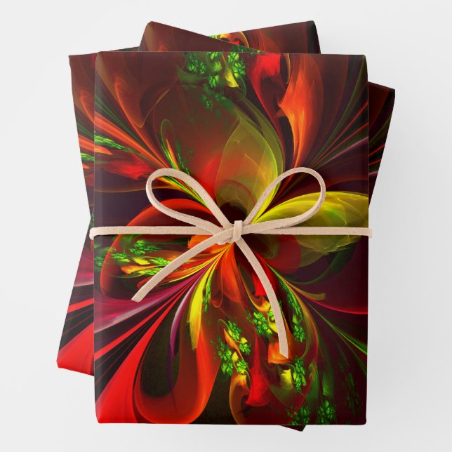 Modernes Abstraktes Muster des Roten Grünen Blumen Geschenkpapier Set (Beispiel)