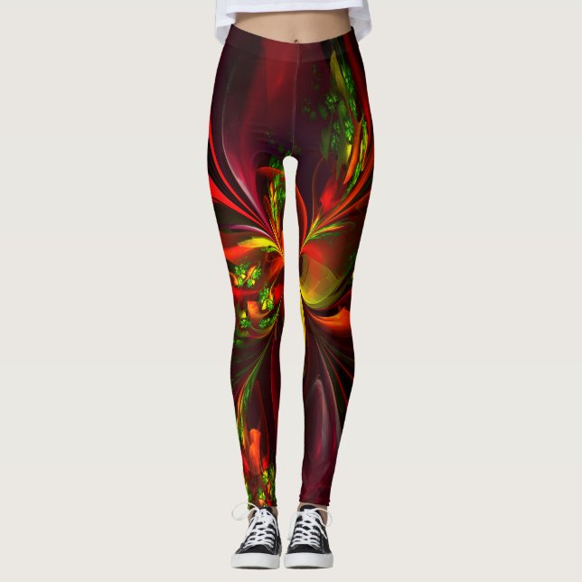 Modernes Abstraktes Muster des Roten Grünen Blumen Leggings (Vorderseite)