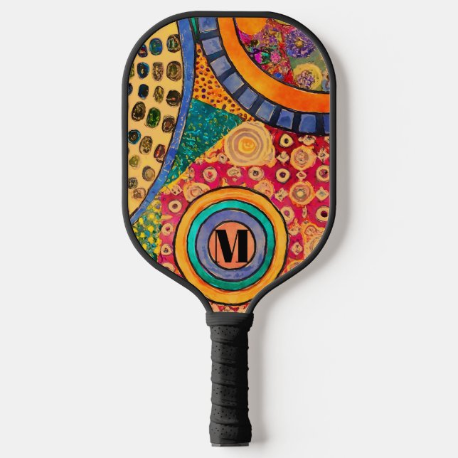 Modernes Abstraktes Patchwork-Muster Monogramm Pickleball Schläger (Vorderseite)