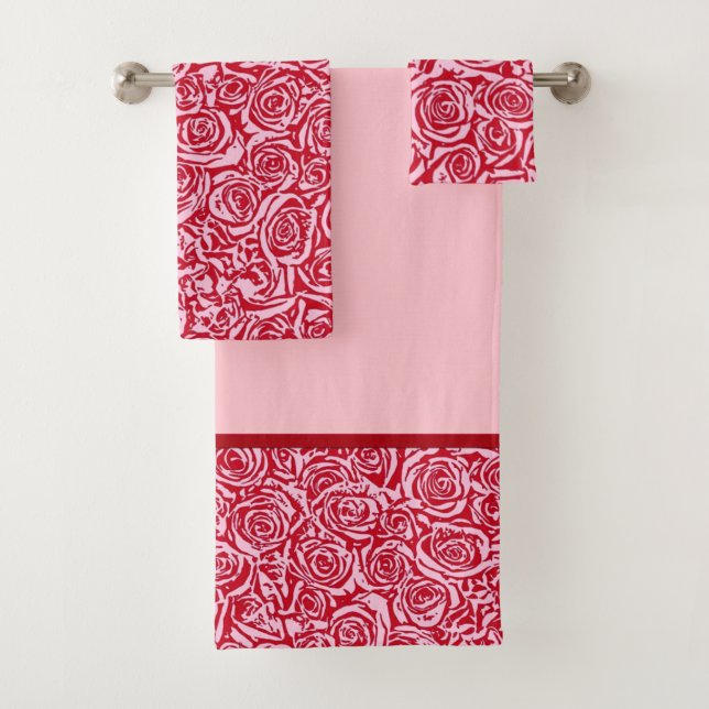 Modernes abstraktes Rosen-Muster, Rose rot und Badhandtuch Set (Insitu)