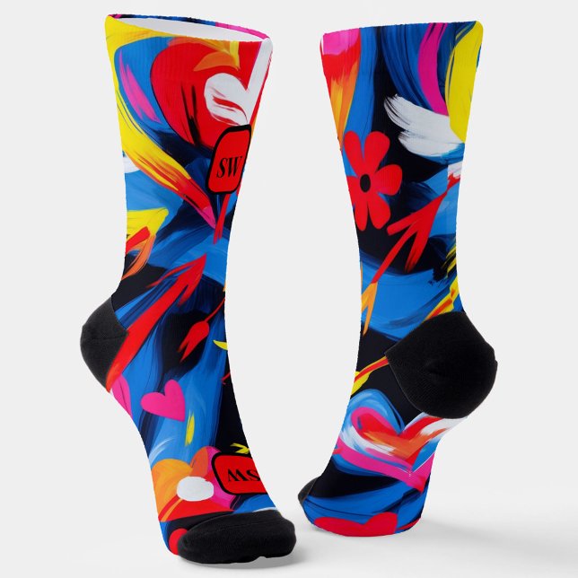 Modernes abstraktes Rot-Gelb-Monogramm Socken (Von Creator hochgeladen)