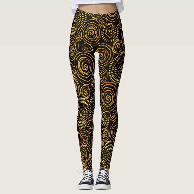 Modernes Abstraktes Schwarz-Gold-Geometrie-Muster Leggings (Vorderseite)