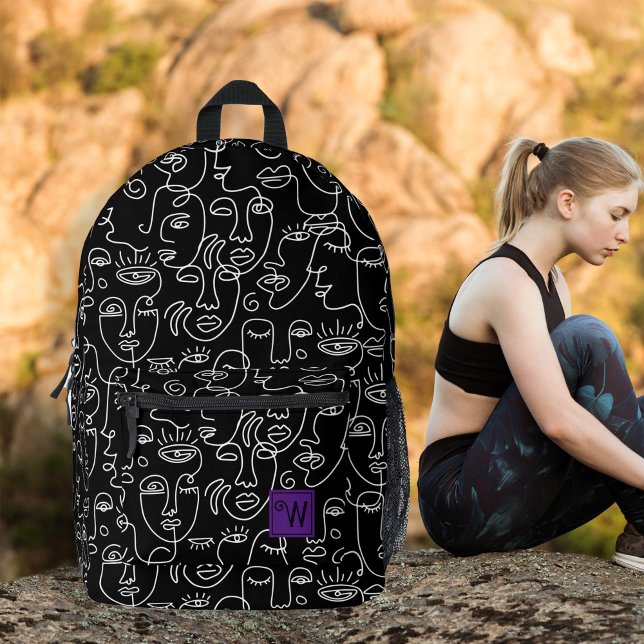 Modernes Abstraktes Schwarz-Weiß-Linienbild Bedruckter Rucksack (Modern abstract face line black and white monogram backpack for teen, lady; back to school & travel.)