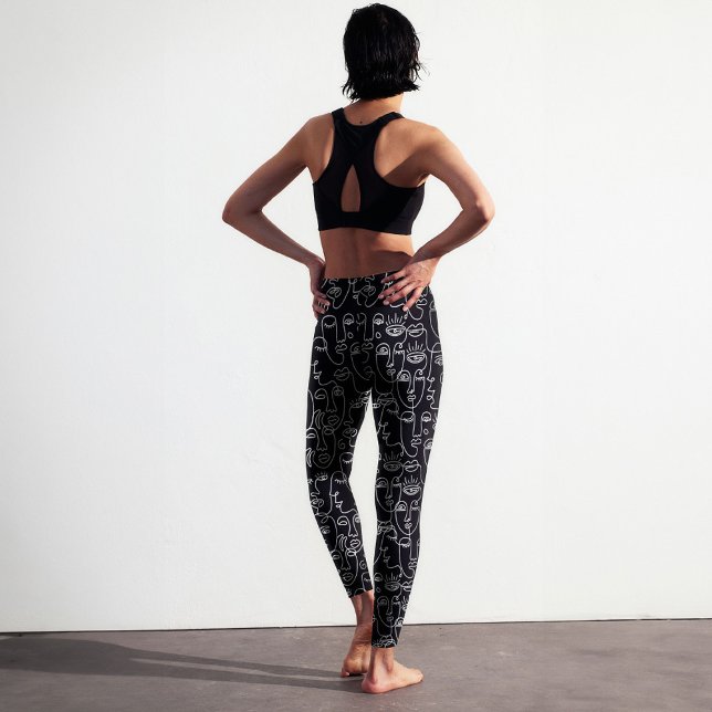 Modernes Abstraktes Schwarz-Weiß-Muster Leggings (Modern abstract black and white line face pattern printed leggings for yoga, fitness & lifestyle.)