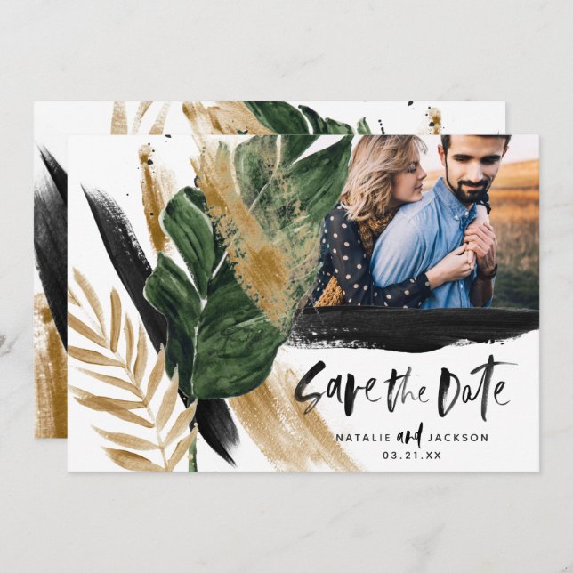 Modernes abstraktes  Schwarzgold Save the Date Einladung (Vorne/Hinten)