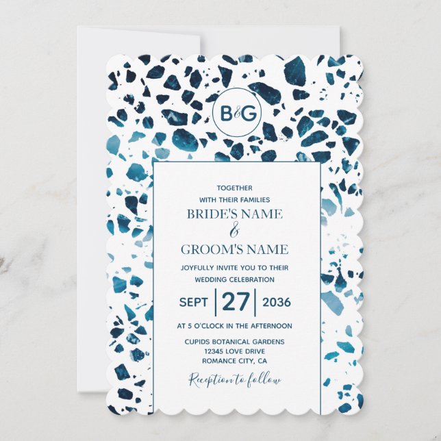 Modernes Abstraktes Terrazzo Mosaic Blue Wedding I Einladung (Vorderseite)