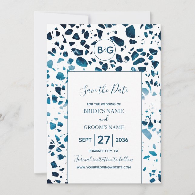 Modernes Abstraktes Terrazzo Mosaik Blau Save the  Save The Date (Vorderseite)