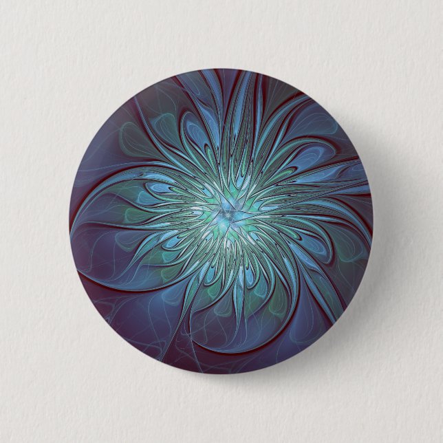 Modernes Abstraktes Trendy Blue Blume Fraktal Art Button (Vorderseite)