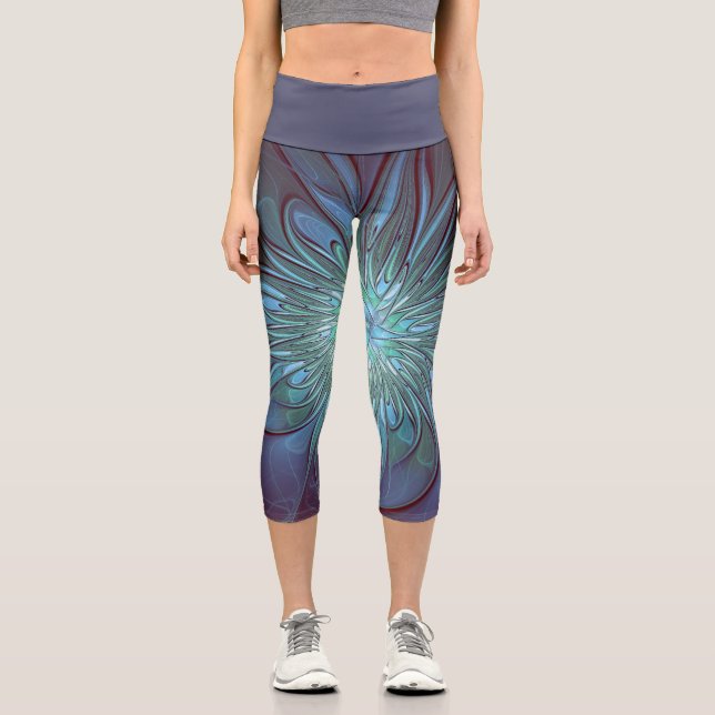 Modernes Abstraktes Trendy Blue Blume Fraktal Art Capri Leggings (Vorderseite)