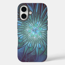 Modernes Abstraktes Trendy Blue Blume Fraktal Art iPhone 16 Hülle
