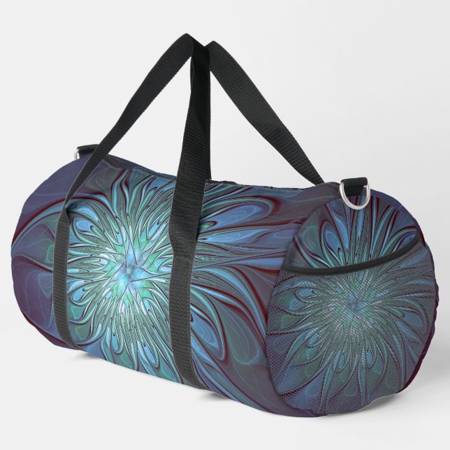 Modernes Abstraktes Trendy Blue Blume Fraktal Art Duffle Bag (Rechte Ecke)