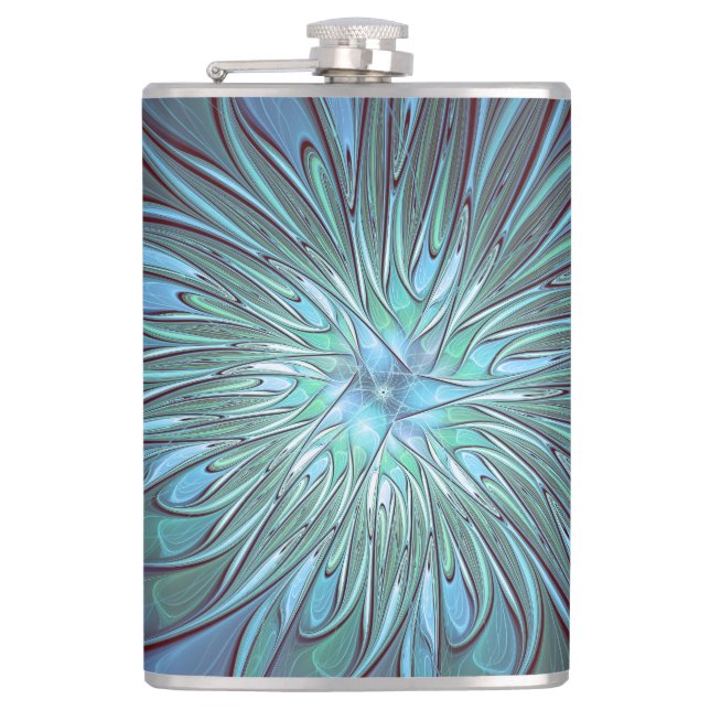 Modernes Abstraktes Trendy Blue Blume Fraktal Art Flachmann (Vorderseite)