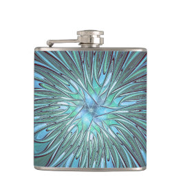 Modernes Abstraktes Trendy Blue Blume Fraktal Art Flachmann