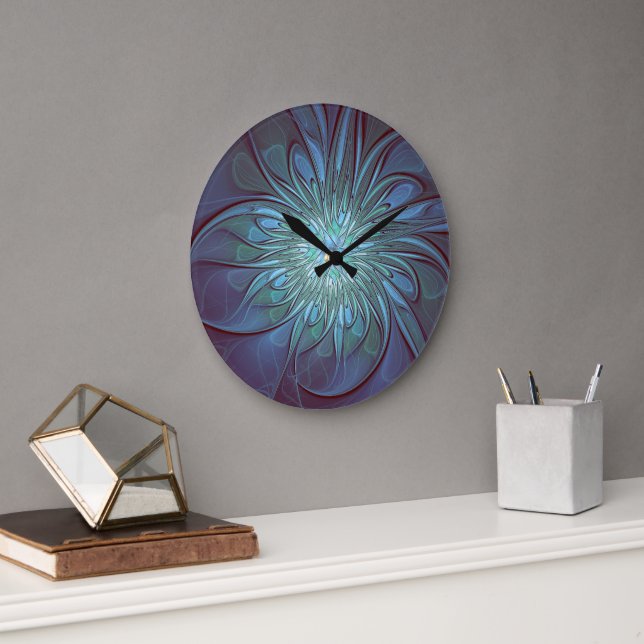Modernes Abstraktes Trendy Blue Blume Fraktal Art Große Wanduhr (Büro)