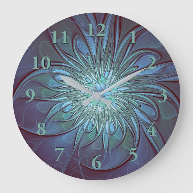 Modernes Abstraktes Trendy Blue Blume Fraktal Art Große Wanduhr (Vorderseite)