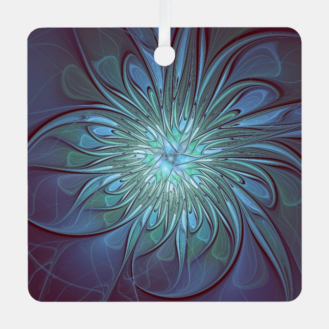 Modernes Abstraktes Trendy Blue Blume Fraktal Art Ornament Aus Metall (Vorderseite)