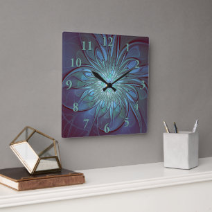 Modernes Abstraktes Trendy Blue Blume Fraktal Art Quadratische Wanduhr