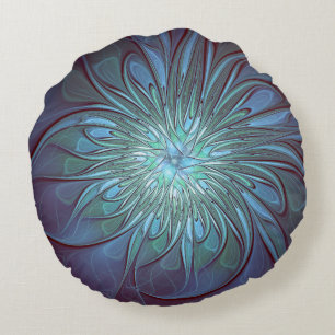 Modernes Abstraktes Trendy Blue Blume Fraktal Art Rundes Kissen