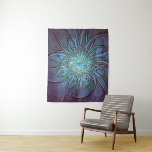 Modernes Abstraktes Trendy Blue Blume Fraktal Art Wandteppich