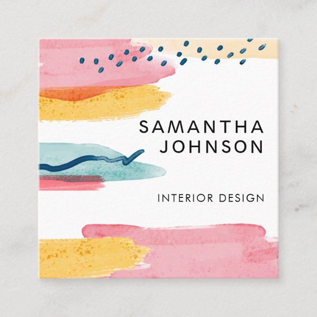 Modernes Abstraktes Watercolor Gelb Rosa Blau Desi Quadratische Visitenkarte (Vorderseite)