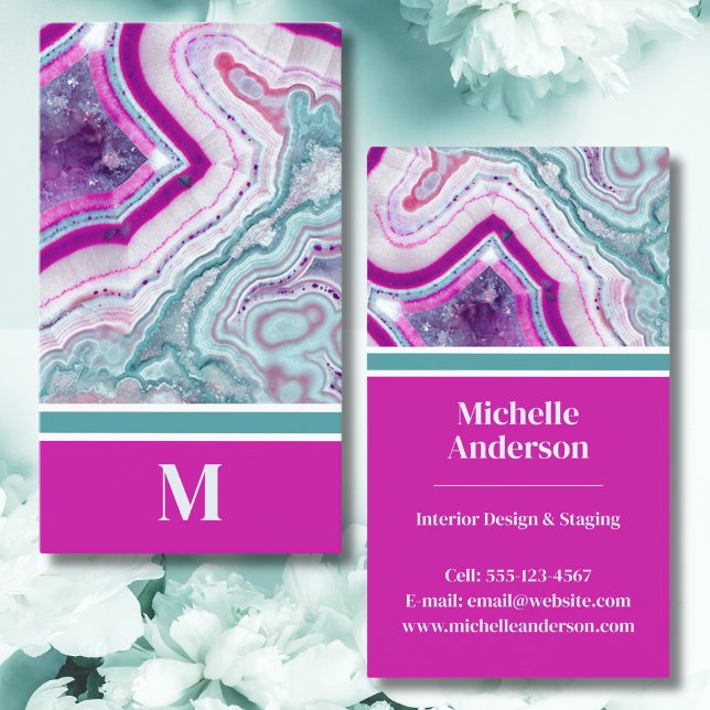 Modernes Achat-Monogramm Visitenkarte (Chic Modern Monogram Initial Teal Magenta Stone Business Card)