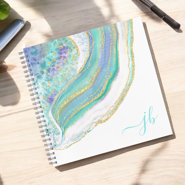 Modernes Agate Aqua Lila Gold mit Monogram Notizbuch (Personalize with your monogram initials for a stylish custom notebook.)