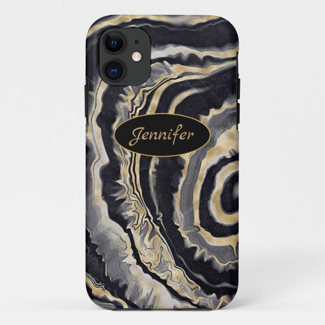 Modernes Agate Black & Gold Crystal personalisiere Case-Mate iPhone Hülle (Rückseite)