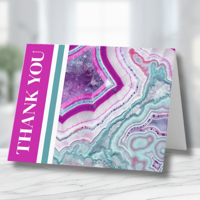 Modernes Agate Elegant Dankeskarte (Modern Bright Teal Fuchsia Agate Geode Stone Thank You Card)