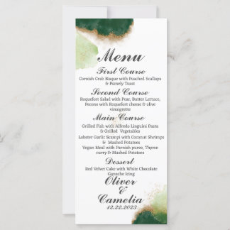 Modernes Agate Green & Gold Hochzeitsmenü