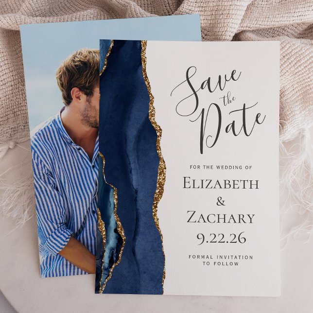 Modernes Agate Navy Blue Gold Foto Save the Date Einladung (Von Creator hochgeladen)