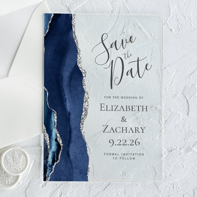 Modernes Agate Navy Blue Silver Save the Date Acryleinladungen (Von Creator hochgeladen)