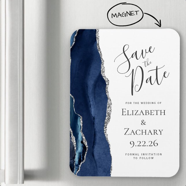 Modernes Agate Navy Blue Silver Save the Date Magnet (Von Creator hochgeladen)