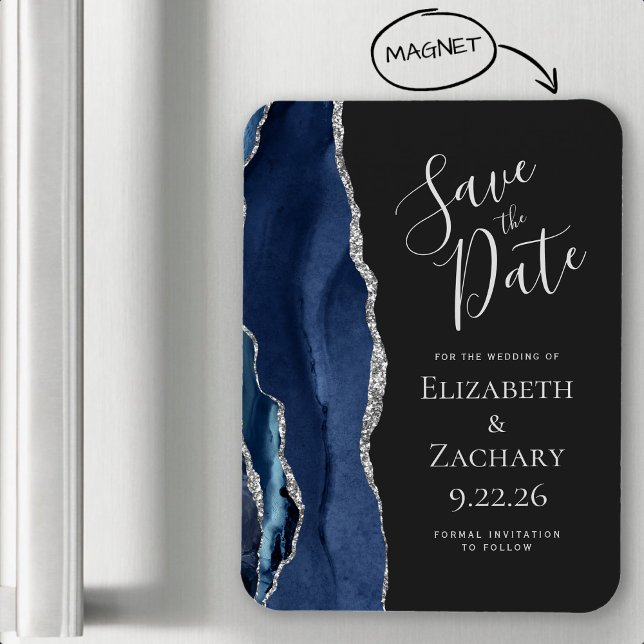 Modernes Agate Navy Blue Silver Save the Date Magnet (Von Creator hochgeladen)