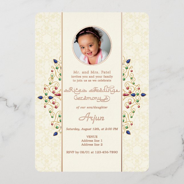 Modernes Annaprashan First Rice Zeremonie Foto Folieneinladung (Vorderseite)