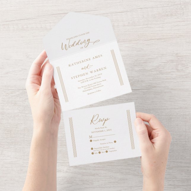 Modernes antikes Gold | Minimalistische Hochzeit All In One Einladung (Abreißen)